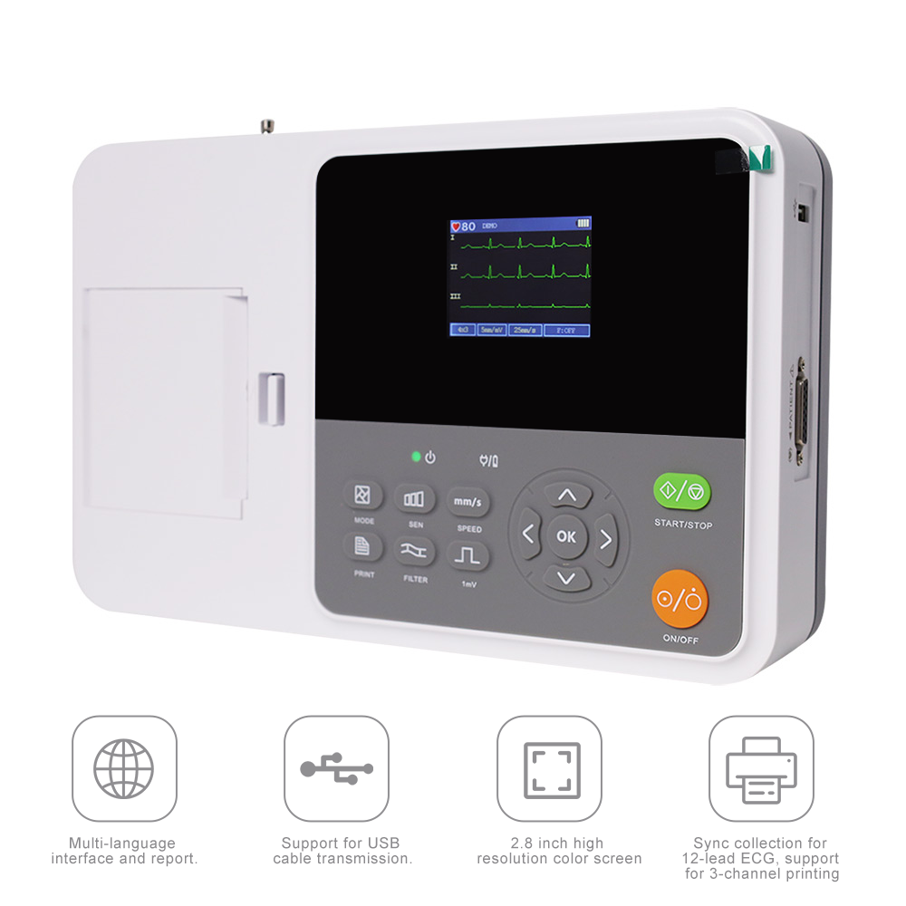 SR081M Digital ECG Monitor Electrocardiograph 3 Channel EKG Machine 12 Lead